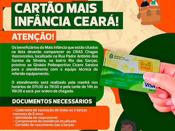 SETAS divulga lista de beneficiários do Cartão Mais Infância que devem comparecer ao CRAS Chagas Vasconcelos